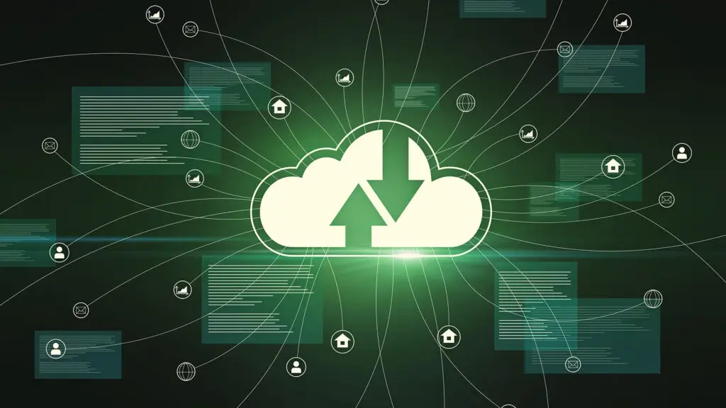 Grafische Darstellung einer Cloud-basierten Datenvernetzung – Symbolbild für moderne Zusammenarbeit mit SharePoint-Lösungen, bereitgestellt von der Design und IT Agentur aus Herford snutig.