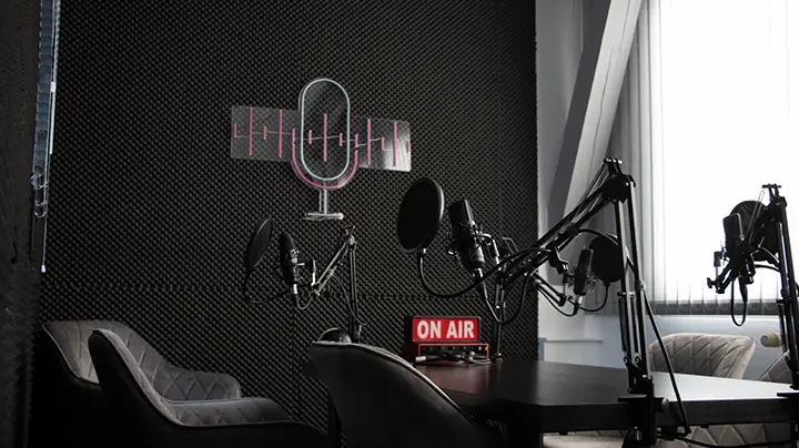 Blick ins professionelle Podcast-Studio der Design und IT Agentur aus Herford snutig – mit schallgedämmten Wänden, Mikrofonarmen und On-Air-Leuchte für hochwertige Audioaufnahmen.