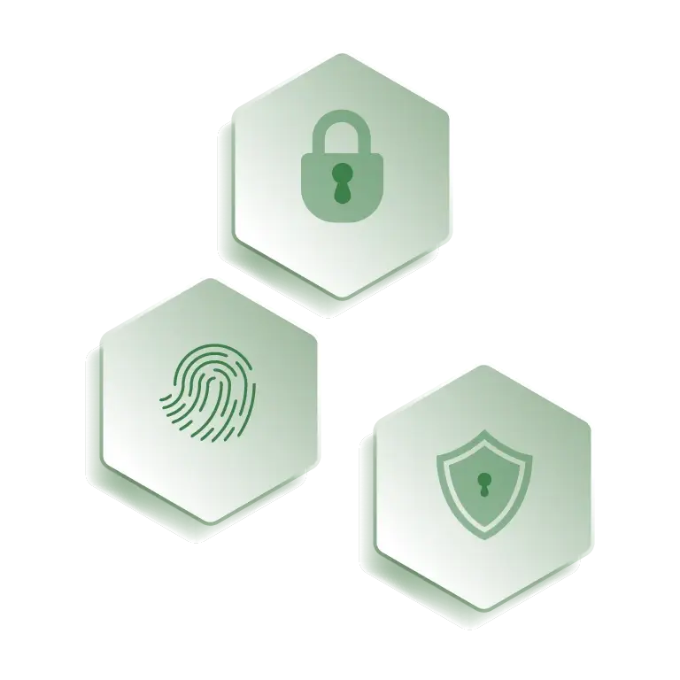 Drei Symbole für Cyber Security: Fingerabdruck, Vorhängeschloss und Schild – visuelle Darstellung von Schutz, Identitätssicherung und IT-Sicherheit.