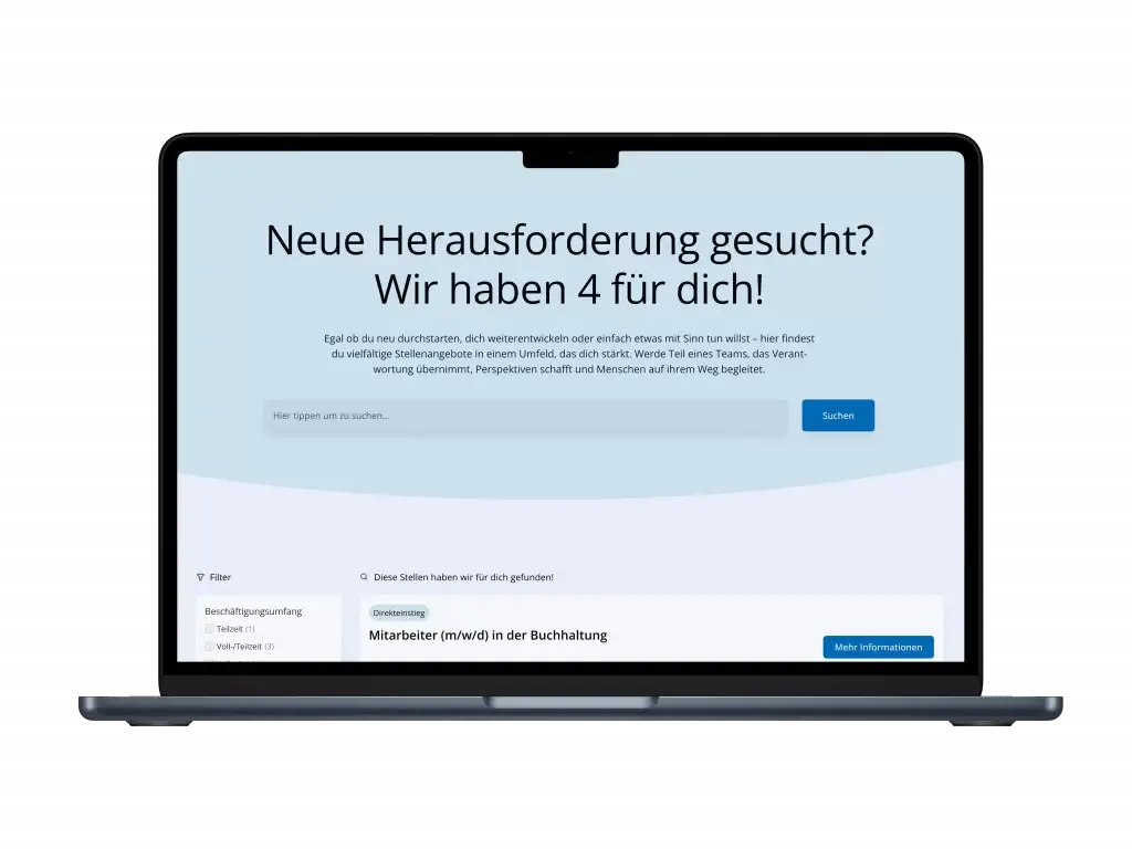 Laptop mit geöffneter Karriereseite, die Stellenangebote und eine Suchfunktion zeigt – Beispiel für moderne Karriereseiten, die Bewerbern einfache Jobsuche und direkten Einstieg ermöglichen.