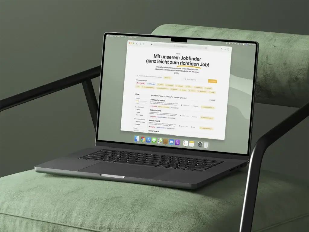 Laptop mit geöffnetem Jobfinder – Beispiel für modernes UI/UX Design von snutig, das Nutzerfreundlichkeit, klares Layout und intuitive Navigation kombiniert.