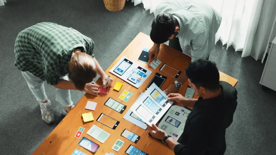 UI UX Design für einen Workshop: Drei Designer von snutig entwickeln gemeinsam Wireframes und App-Prototypen am Konferenztisch – innovative Ideen für nutzerzentrierte digitale Lösungen.“